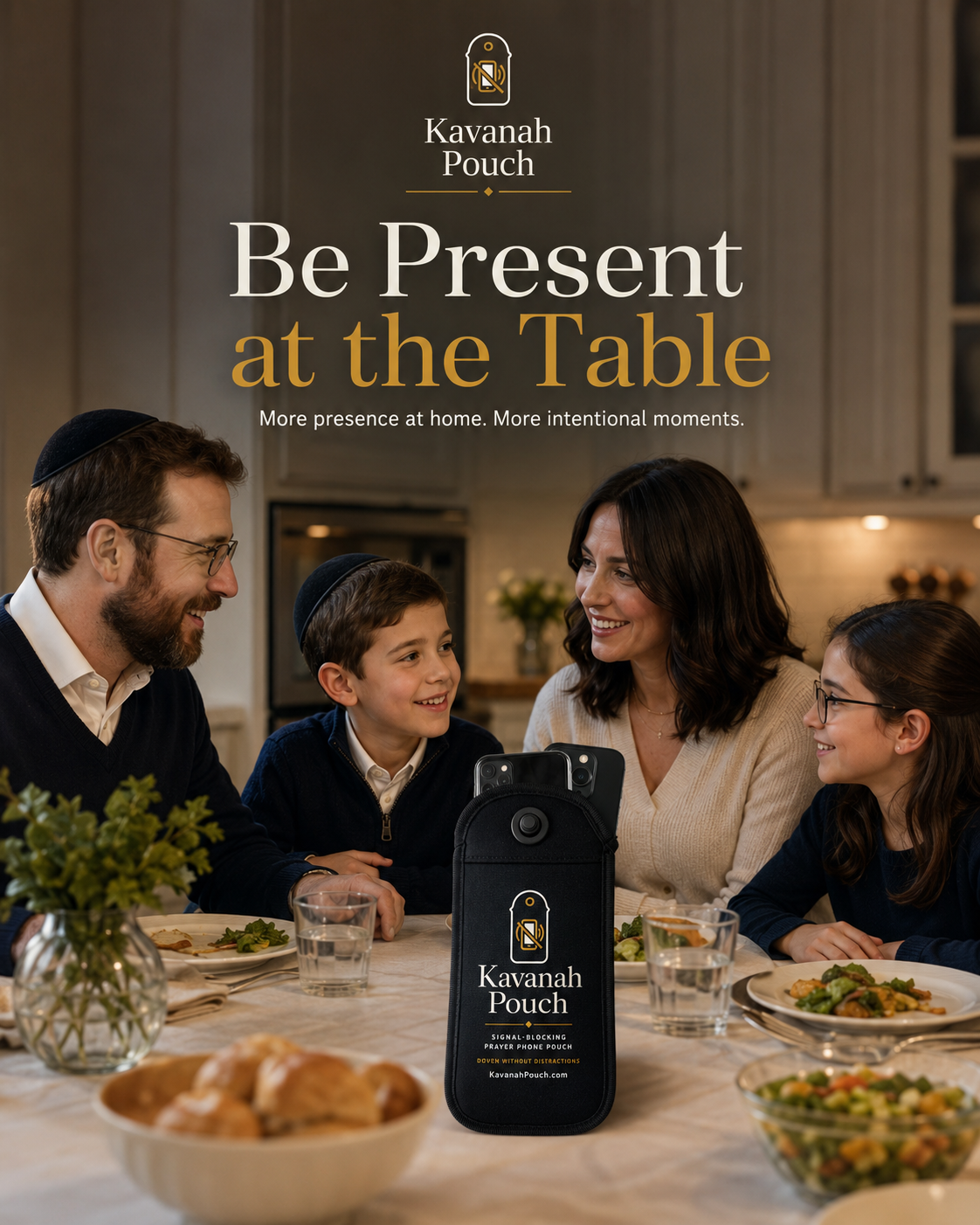 A frum family talking together around a dinner table with a Kavanah Pouch in the center