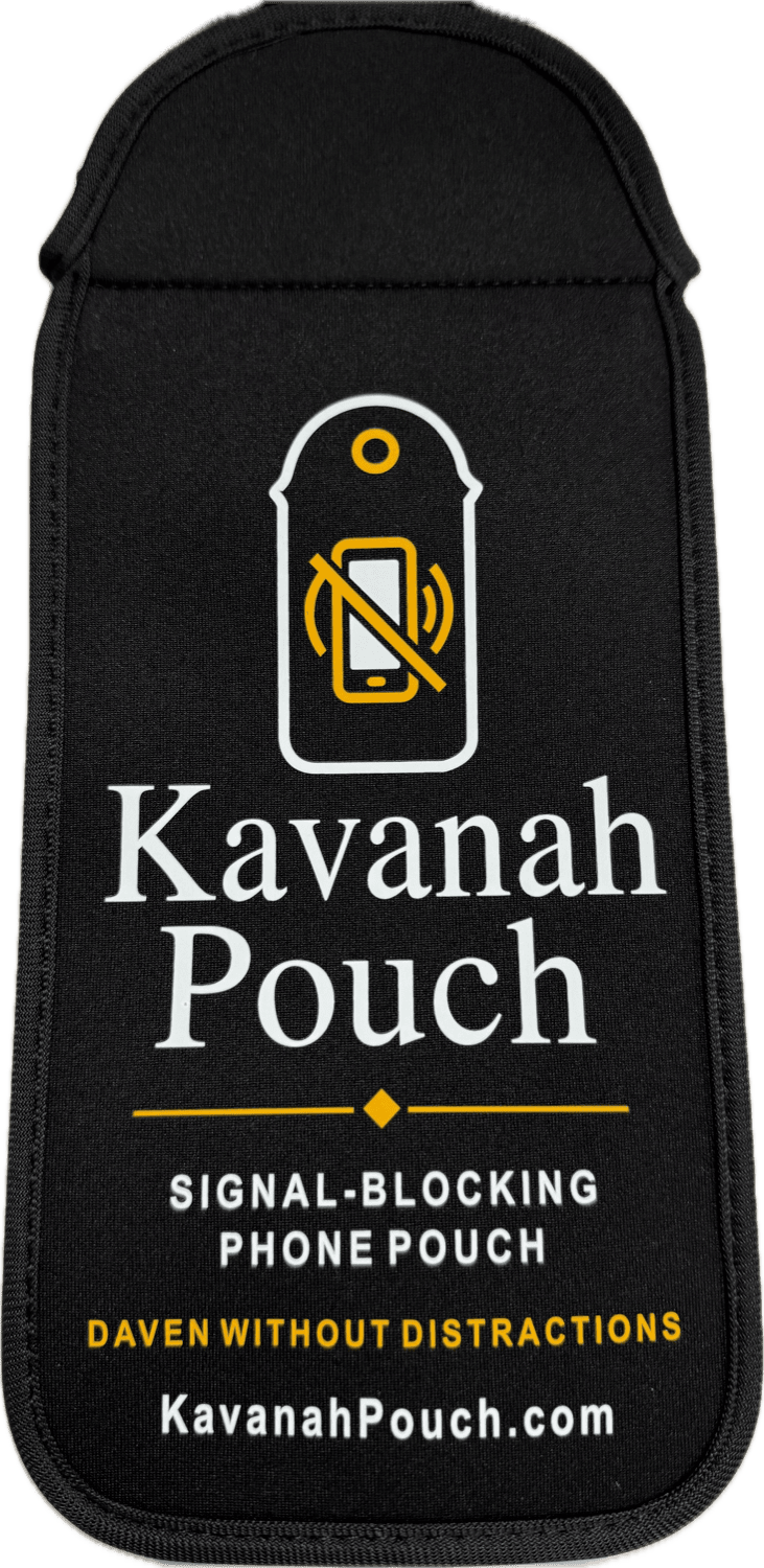 Kavanah Pouch — black neoprene signal-blocking phone pouch with rounded top flap and printed Kavanah Pouch logo