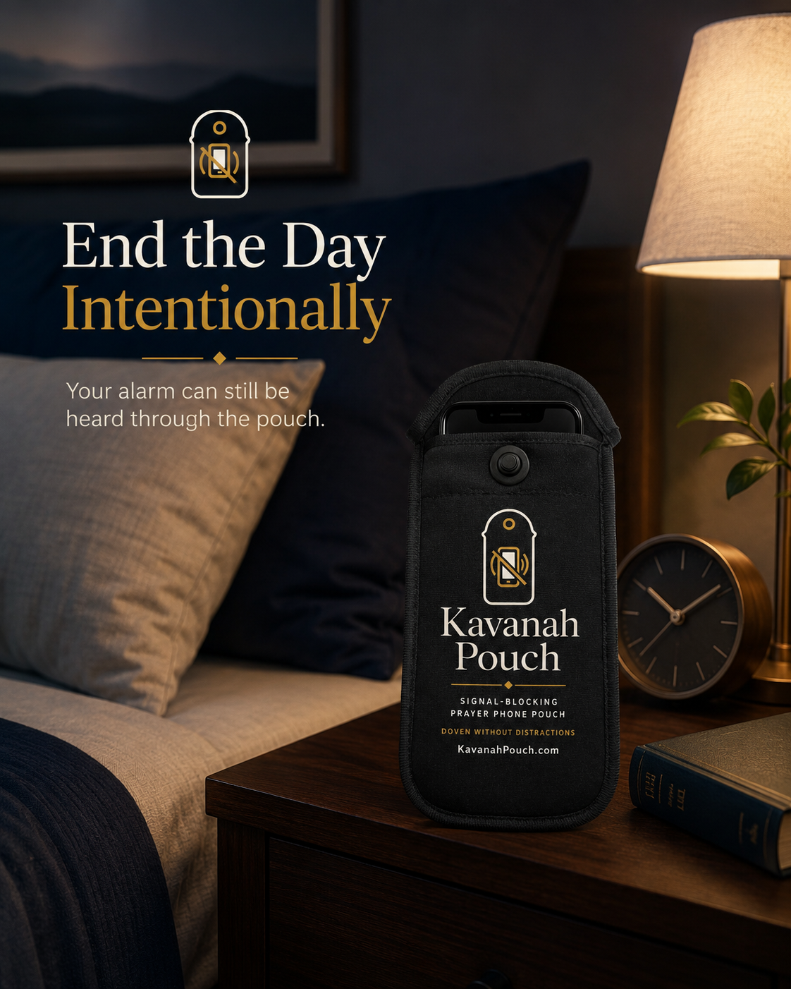 A phone inside a Kavanah Pouch on a nightstand beside a bed