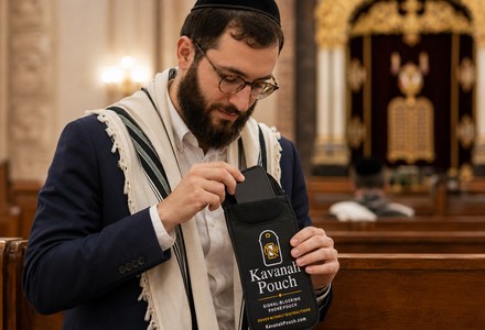Man davening in a shul with a Kavanah Pouch